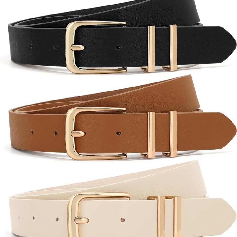 Women Leather Belts 3 Pack Casual Waist Belt Gold Buckle For Jeans Dresses